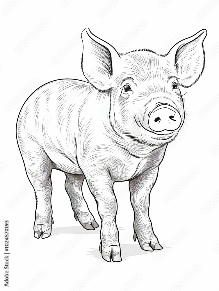 Line Drawing of a Standing Piglet with a Happy Expression Line Drawing of a Standing Piglet with a Happy Expression