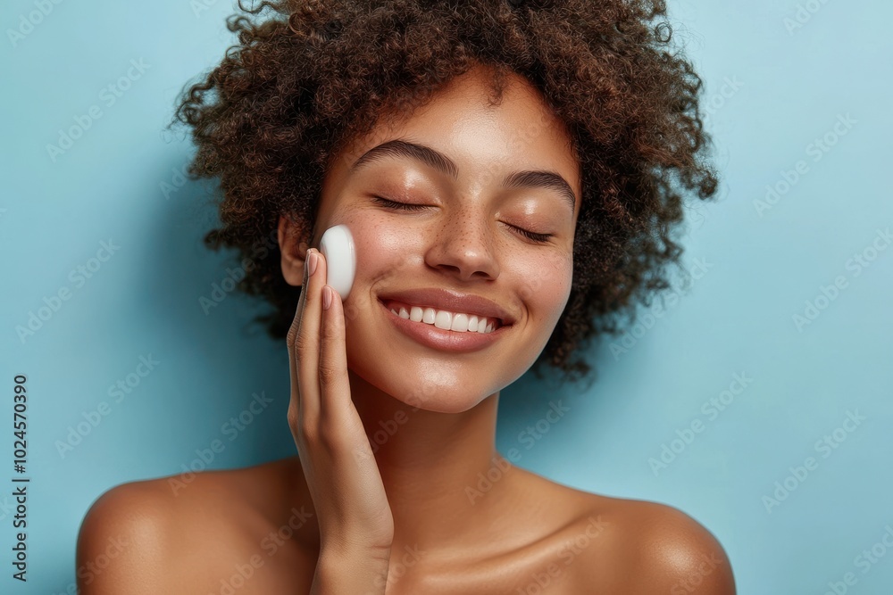 A young woman with curly hair smiles with her eyes closed, pressing a white lotion bottle gently A young woman with curly hair smiles with her eyes closed, pressing a white lotion bottle gently