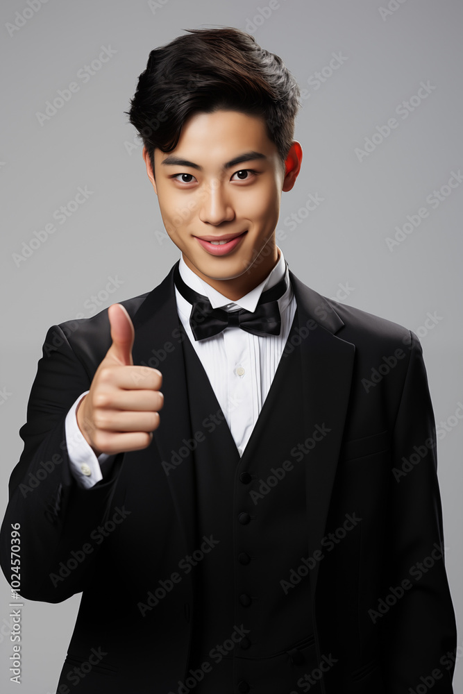Smiling businessman in a suit standing confidently in a studio, showcasing success and elegance Smiling businessman in a suit standing confidently in a studio, showcasing success and elegance