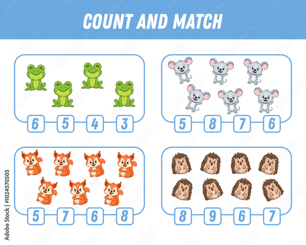 Education game for children count and match of cute cartoon animals, printable worksheet. Cute frog, mouse, squirrel, hedgehog. Vector illustration Education game for children count and match of cute cartoon animals, printable worksheet. Cute frog, mouse, squirrel, hedgehog. Vector illustration