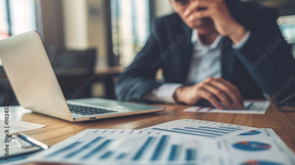 Focused businessman at desk with financial documents and laptop displaying earnings reports, conveying determination and attention to financial data analysis. Focused businessman at desk with financial documents and laptop displaying earnings reports, conveying determination and attention to financial data analysis.