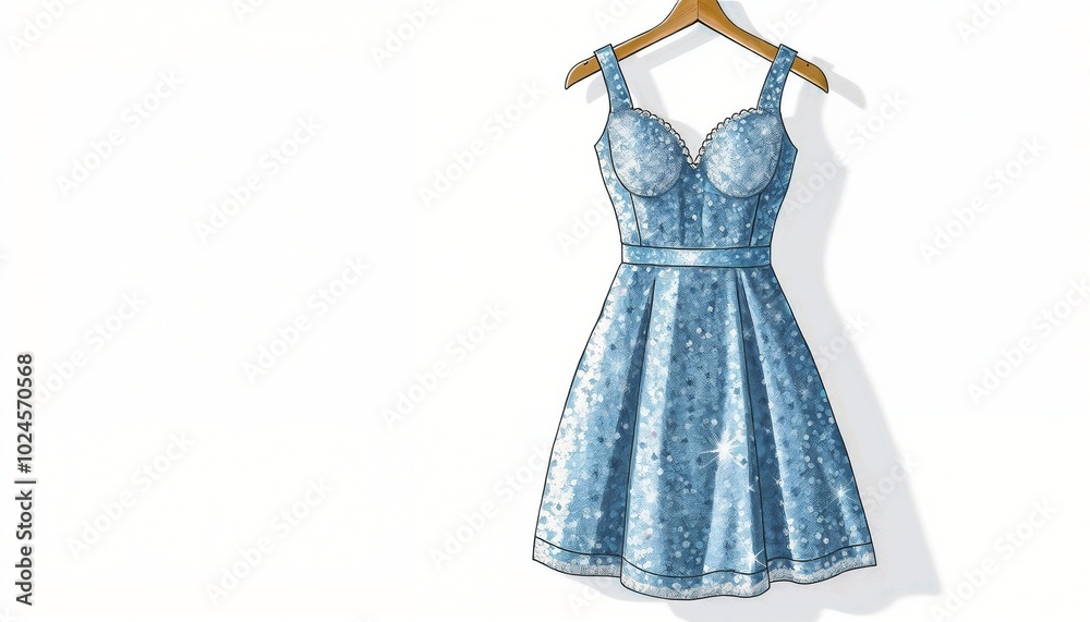 Stylish blue sundress with sparkles hanging on a wooden hanger against a white background, New Year’s Eve background, Glitter dress illustration, copy space Stylish blue sundress with sparkles hanging on a wooden hanger against a white background, New Year’s Eve background, Glitter dress illustration, copy space
