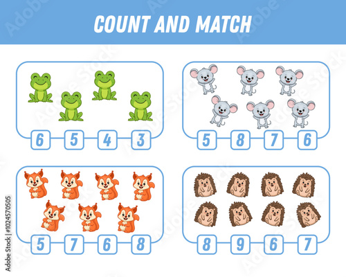 Education game for children count and match of cute cartoon animals, printable worksheet. Cute frog, mouse, squirrel, hedgehog. Vector illustration