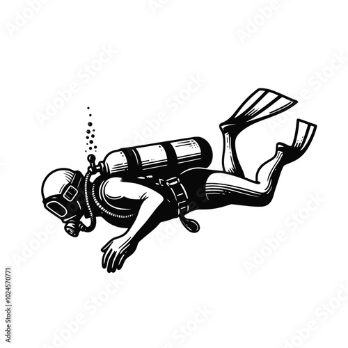 Diver underwater. Isolated engraved monochrome vector illustration	
