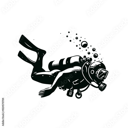 Diver underwater. Isolated engraved monochrome vector illustration	

