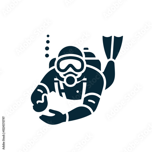 Diver underwater. Isolated engraved monochrome vector illustration	
