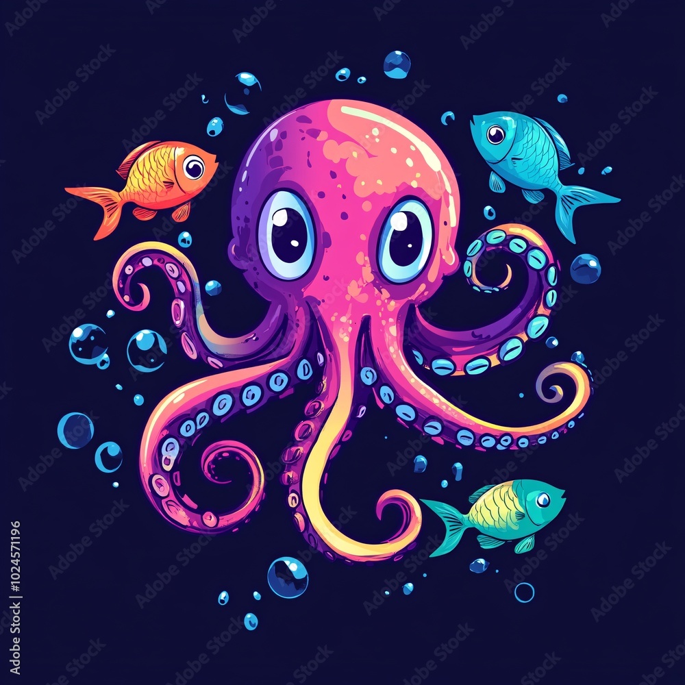 Colorful Octopus Juggling Fish in a Fun Design Colorful Octopus Juggling Fish in a Fun Design