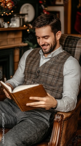 A man enjoys reading a book in a cozy, festive environment, embodying relaxation and comfort during the holiday season.