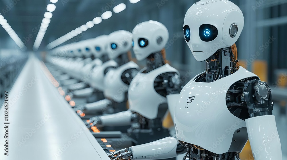 AI-powered robot, assembly line automation, sleek factory setting, futuristic tech AI-powered robot, assembly line automation, sleek factory setting, futuristic tech