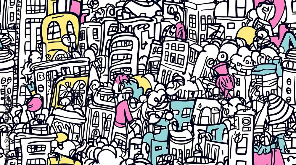 Obraz premium A seamless doodle pattern of a vibrant metropolis, featuring skyscrapers, street performers, bicycles, and taxis, interwoven with pedestrians and streetlights.