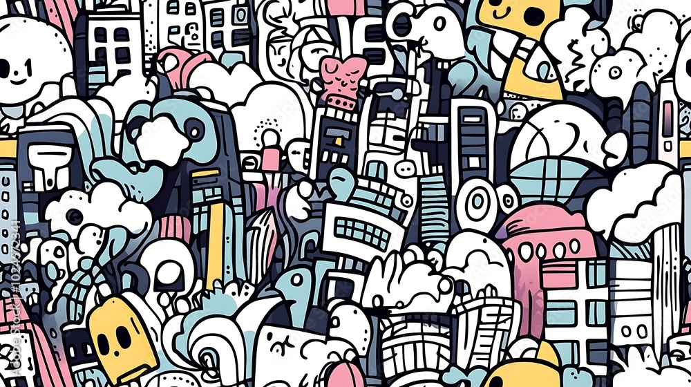 Obraz premium A seamless doodle pattern of a vibrant metropolis, featuring skyscrapers, street performers, bicycles, and taxis, interwoven with pedestrians and streetlights.