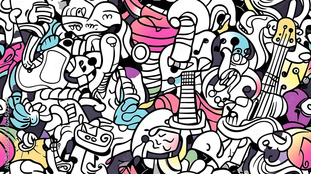 A seamless doodle pattern of a vibrant music festival, featuring electric guitars, drum kits, microphones, and abstract music note motifs in a swirling, energetic layout. A seamless doodle pattern of a vibrant music festival, featuring electric guitars, drum kits, microphones, and abstract music note motifs in a swirling, energetic layout.