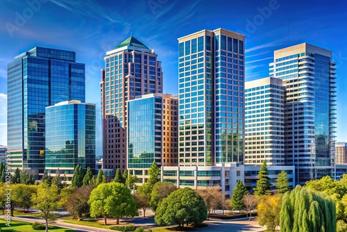 Sunnyvale California Skyscrapers in the afternoon with clear blue sky macro photo
