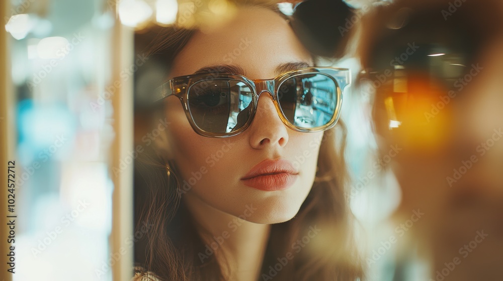 Fashionable Woman Trying Different Sunglasses Styles Fashionable Woman Trying Different Sunglasses Styles