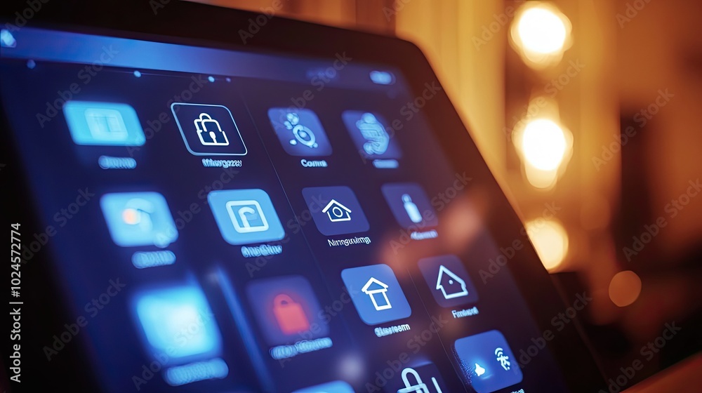 Obraz premium A close-up of a tablet screen with digital home management icons for controlling locks, cameras, and lighting.