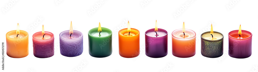 A row of candles with the colors of the rainbow on them