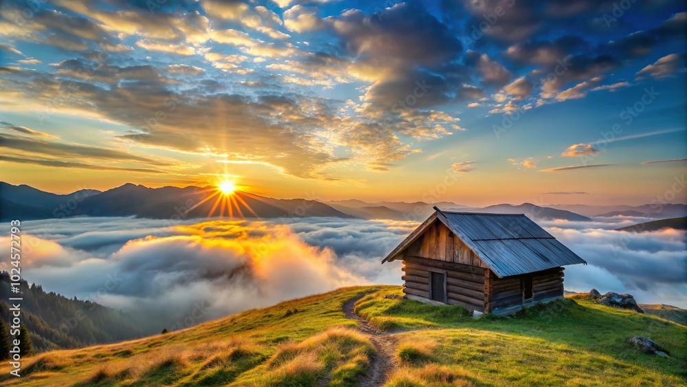 Sunrise in the mountains with small hut, clouds, and blue sky Sunrise in the mountains with small hut, clouds, and blue sky