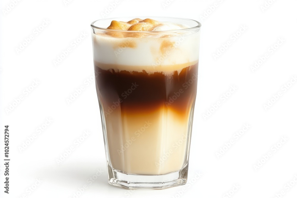 Coffee and cream mixing in a clear glass on isolate on white background, front view Coffee and cream mixing in a clear glass on isolate on white background, front view