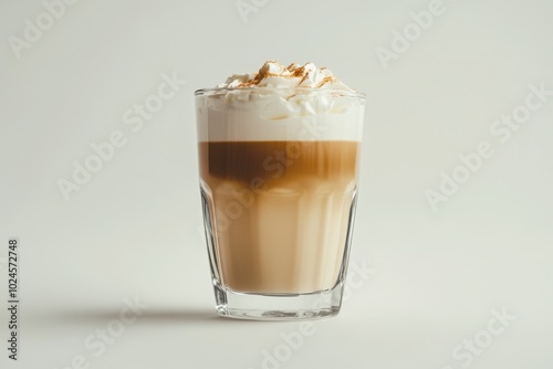 Coffee and cream mixing in a clear glass on isolate on white background, front view