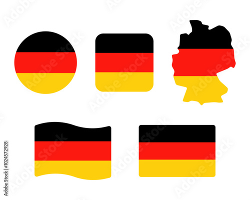 German flag symbols set. Black, red and yellow colors. Round, square, waving rectangle and german map shape vector banner. Berlin symbol.