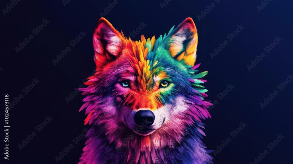 Naklejka premium Abstract colorful wolf with blue eyes on a dark background
