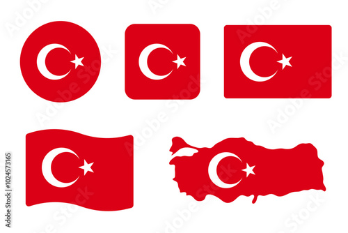 Turkey flag symbols set. Red background with moon and star . Round, square, waving rectangle and Turkish map shape vector banner. Ankara and Istanbul symbol.
