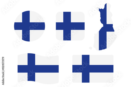 Finland flag symbols set. Blue cross and white colors. Round, square, waving rectangle and Finnish map shape vector banner. Helsinki symbol.