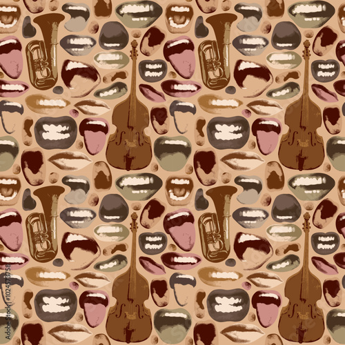 jazz Seamless pattern with lips that smile and show tongue and white teeth and double bass with trumpet. Bright vector background with laughing, surprised, excited, angry, singing