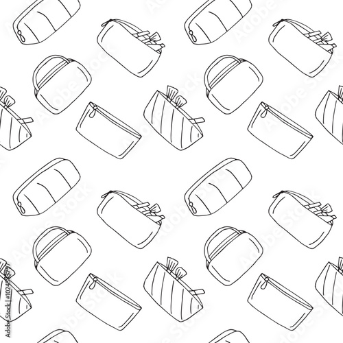 Cosmetic bags seamless pattern vector illustration, hand drawn doodles