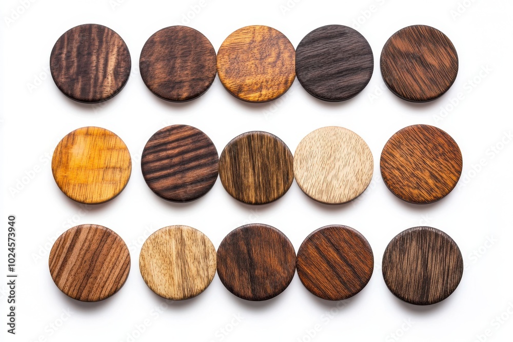 Eight circular wooden discs, each with a different grain pattern and shade, arranged in two Eight circular wooden discs, each with a different grain pattern and shade, arranged in two