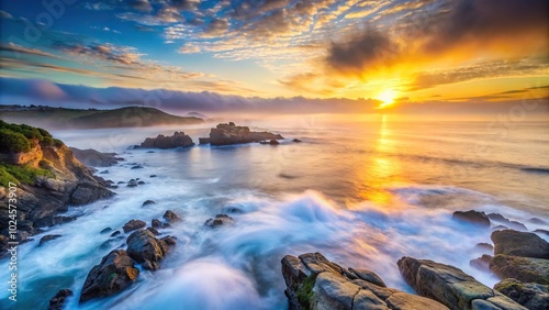 Sunrise seascape with rocky inlet and thick fog cloud over the ocean