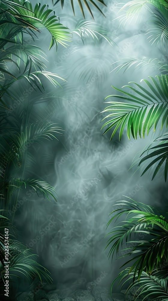 Naklejka premium Wall with palm leaves, foggy background, copy space concept. 