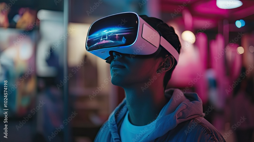A man in a gallery wearing VR goggles, exploring digital landscapes and futuristic art displays. A man in a gallery wearing VR goggles, exploring digital landscapes and futuristic art displays.
