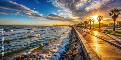 Wallpaper Mural Sunset at Galveston Seawall Texas with a wide-angle view Torontodigital.ca