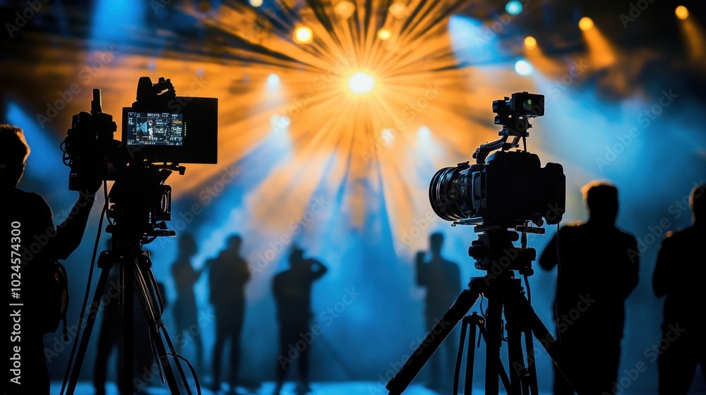 Fototapeta premium Film crew silhouettes in a dimly lit studio, preparing for a production with lights, cameras, and equipment.