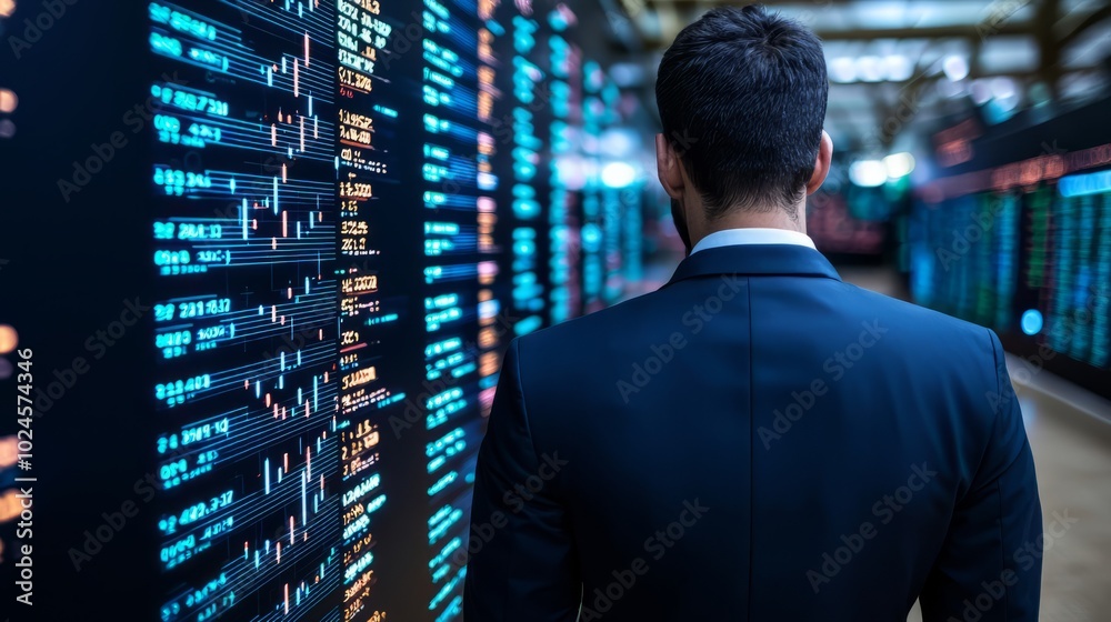 A business professional examines data on a digital display, symbolizing analysis and futuristic technology in a corporate environment. A business professional examines data on a digital display, symbolizing analysis and futuristic technology in a corporate environment.
