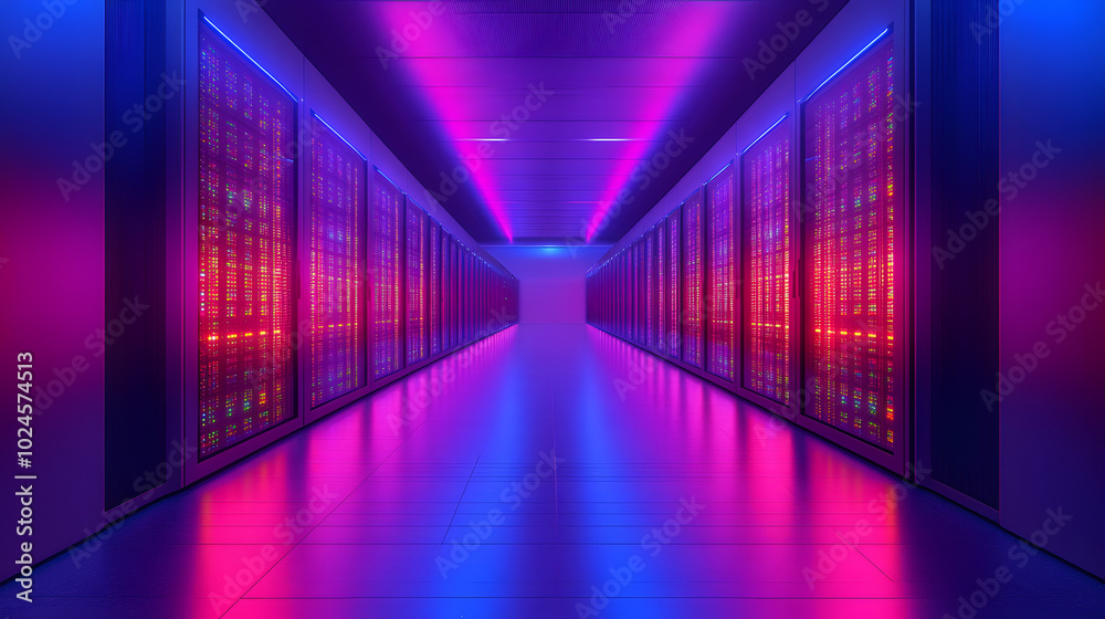 A wide-angle view of an advanced data center featuring rows of high-performance servers and intricate cabling systems, illustrating the backbone of modern technology infrastructure. This expansive ima A wide-angle view of an advanced data center featuring rows of high-performance servers and intricate cabling systems, illustrating the backbone of modern technology infrastructure. This expansive ima