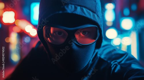 masked hacker wearing a black hoodie and mask in the dark, nightly city