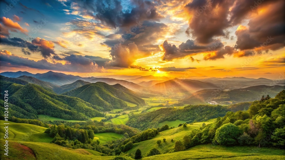 sunset in green mountains valley with wide-angle perspective