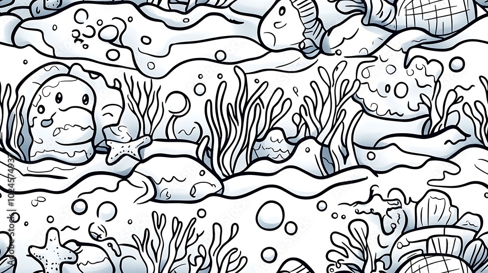 Fototapeta premium A seamless doodle pattern of an underwater paradise, featuring clusters of coral reefs, starfish, small fish schools, and seaweed gently swaying. Soft pastel colors and a calming flow,