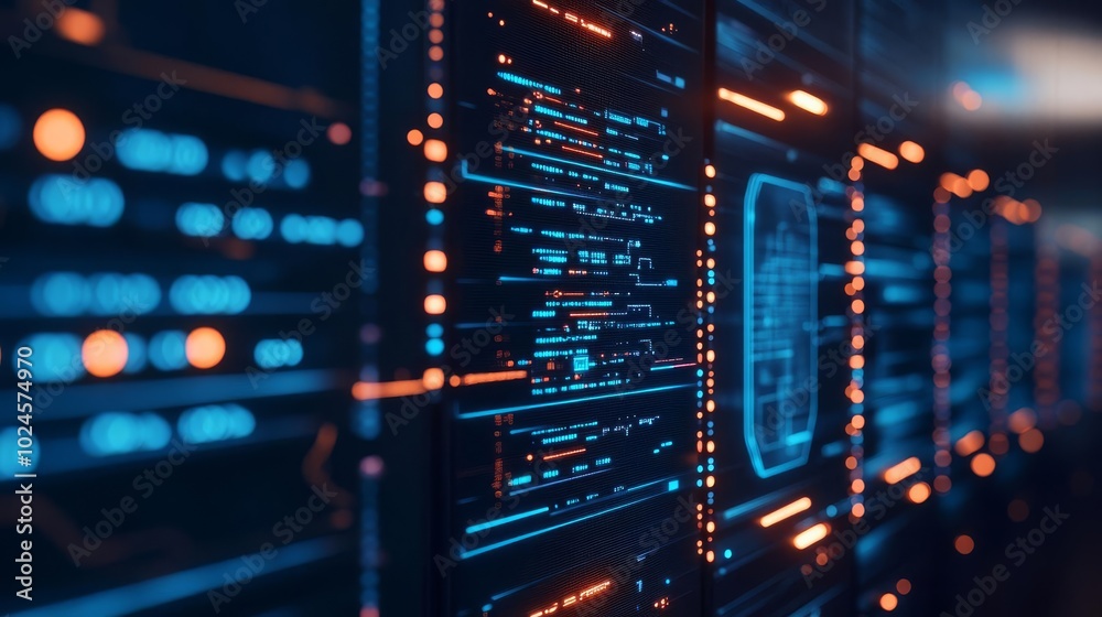 Obraz premium Quantum computer core, complex data visualizations, dark background, futuristic lab
