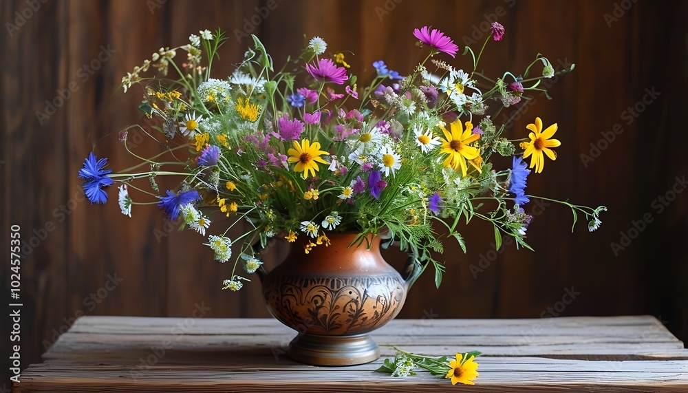 A Vibrant Arrangement of Wildflowers in a Decorative Vase A Vibrant Arrangement of Wildflowers in a Decorative Vase