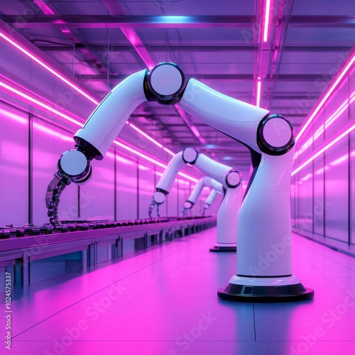 Self-learning robots, futuristic factory floor, neon-lit workshop