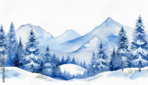 Minimalist watercolor snow-covered mountains and pine trees, soft blue and white tones