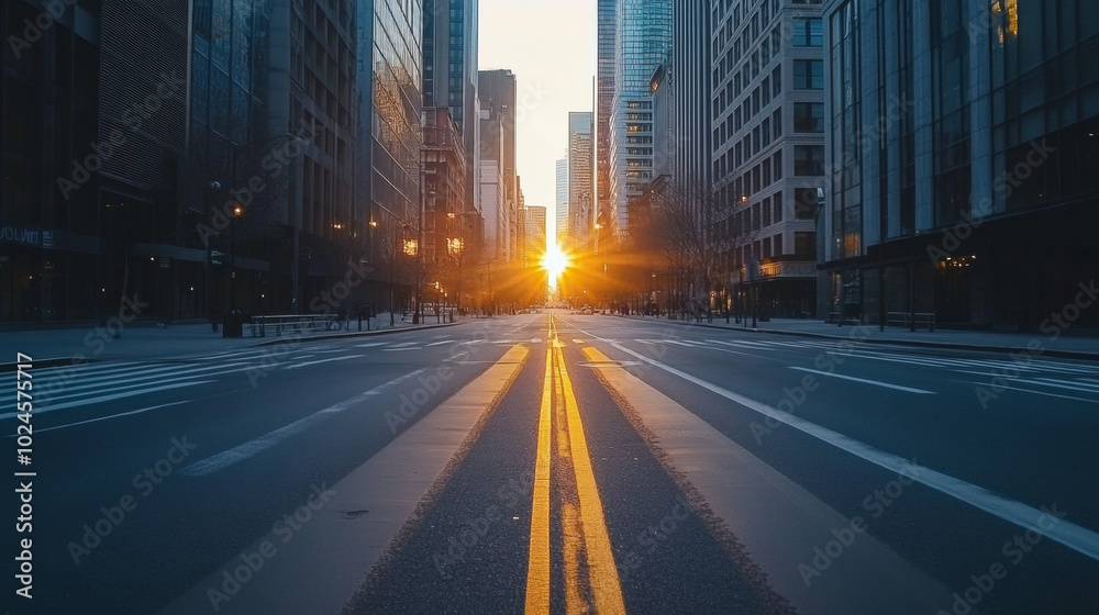 Urban Sunrise: A Serene Moment as the Sun Breaks Through Skyscrapers, Illuminating the Empty Streets in a Modern Cityscape Urban Sunrise: A Serene Moment as the Sun Breaks Through Skyscrapers, Illuminating the Empty Streets in a Modern Cityscape