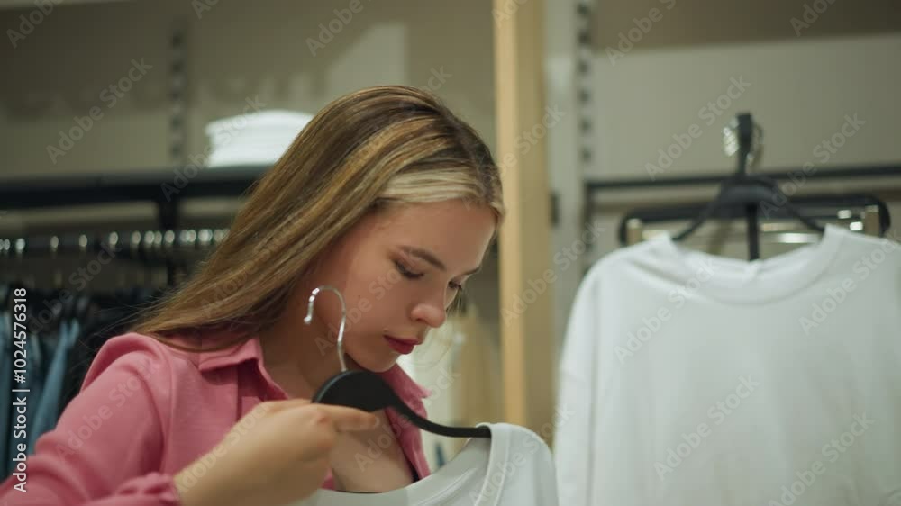 Young lady wearing unbuttoned pink top retrieves white top from a rack of other white tops, thoughtfully evaluating it close to her body, other clothes are well arranged in the background Young lady wearing unbuttoned pink top retrieves white top from a rack of other white tops, thoughtfully evaluating it close to her body, other clothes are well arranged in the background