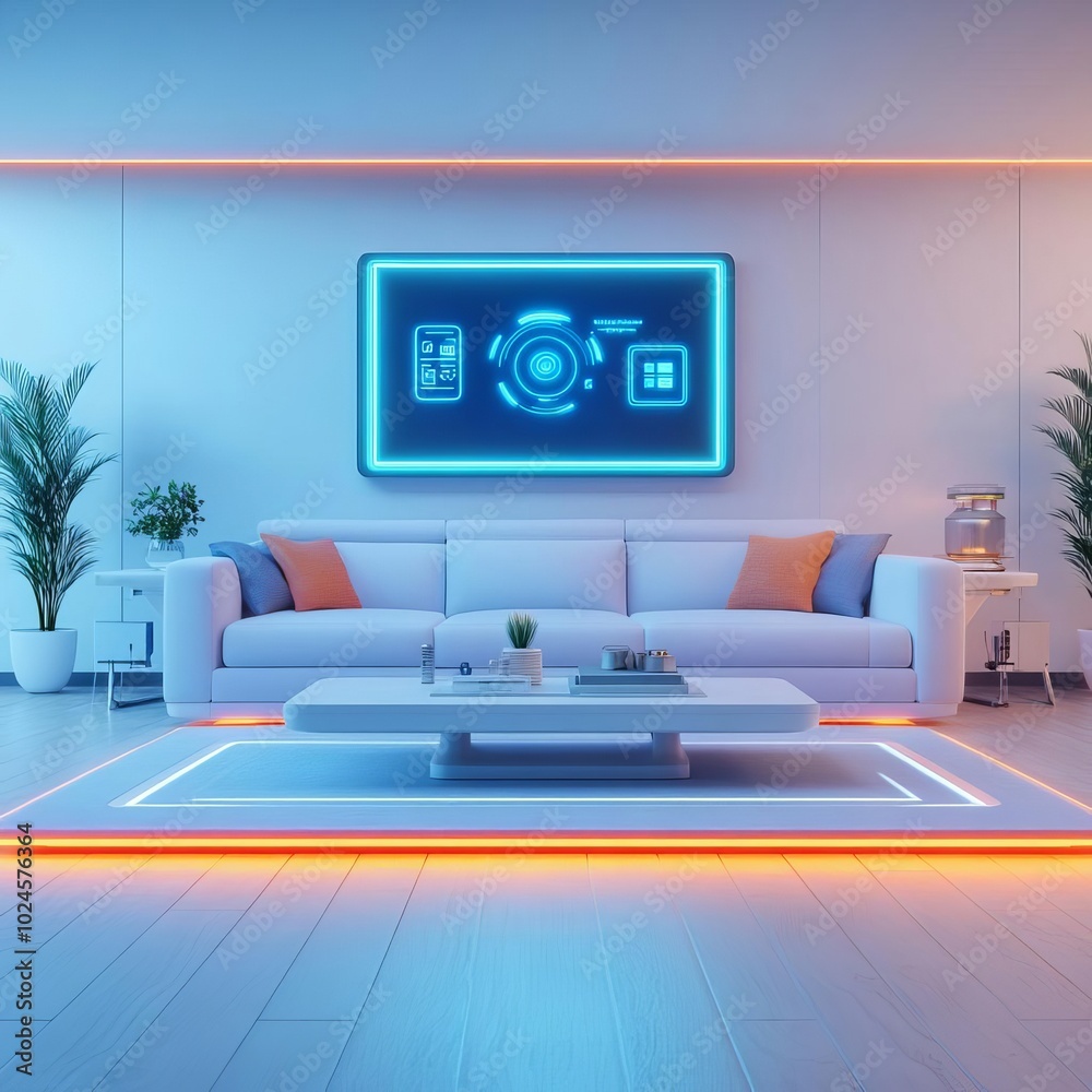 Smart home tech, holographic device control, futuristic living room Smart home tech, holographic device control, futuristic living room