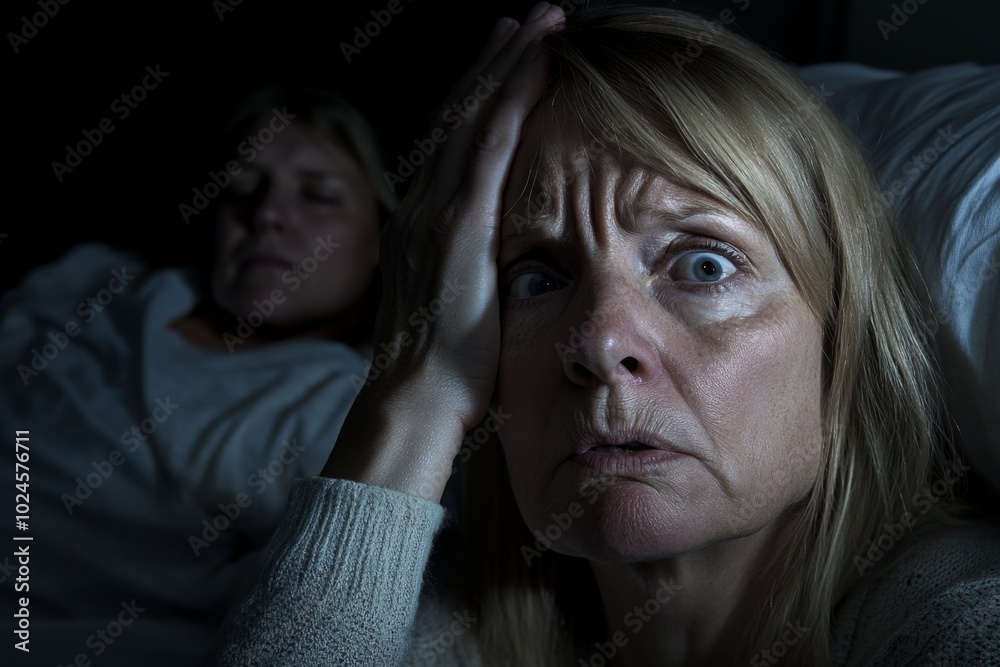 Woman Waking Up in Fear, Nighttime Scene Woman Waking Up in Fear, Nighttime Scene