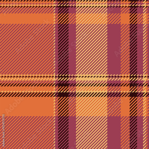 Industrial textile fabric plaid, manufacturing background tartan vector. Upscale seamless texture check pattern in orange and red colors.