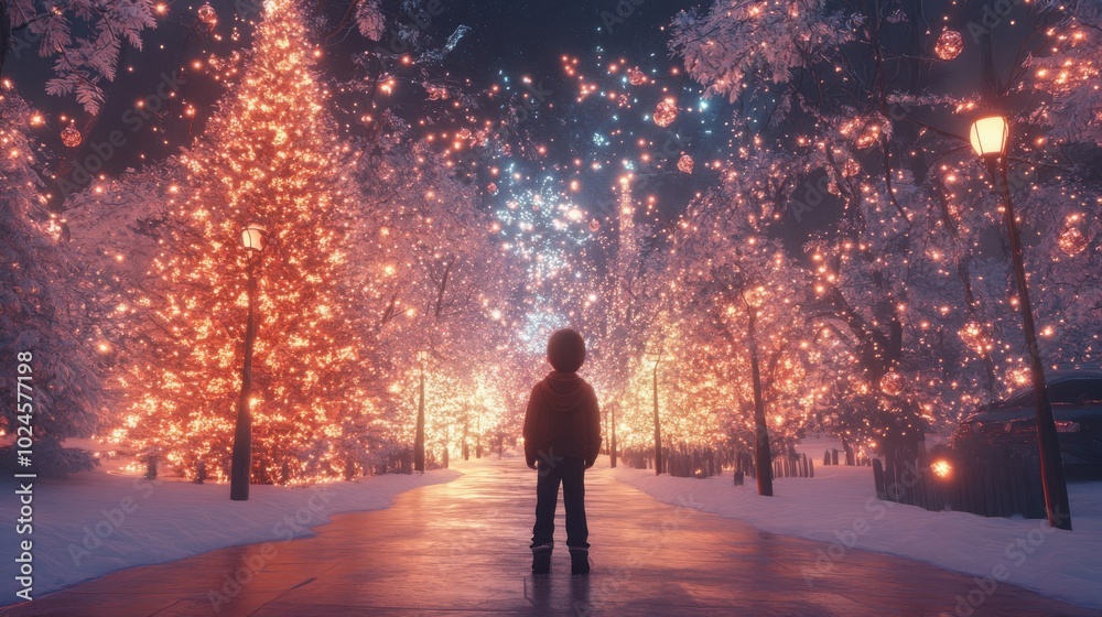 A Magical Winter Wonderland: Child Enjoying the Sparkling Lights of a Snowy Park A Magical Winter Wonderland: Child Enjoying the Sparkling Lights of a Snowy Park
